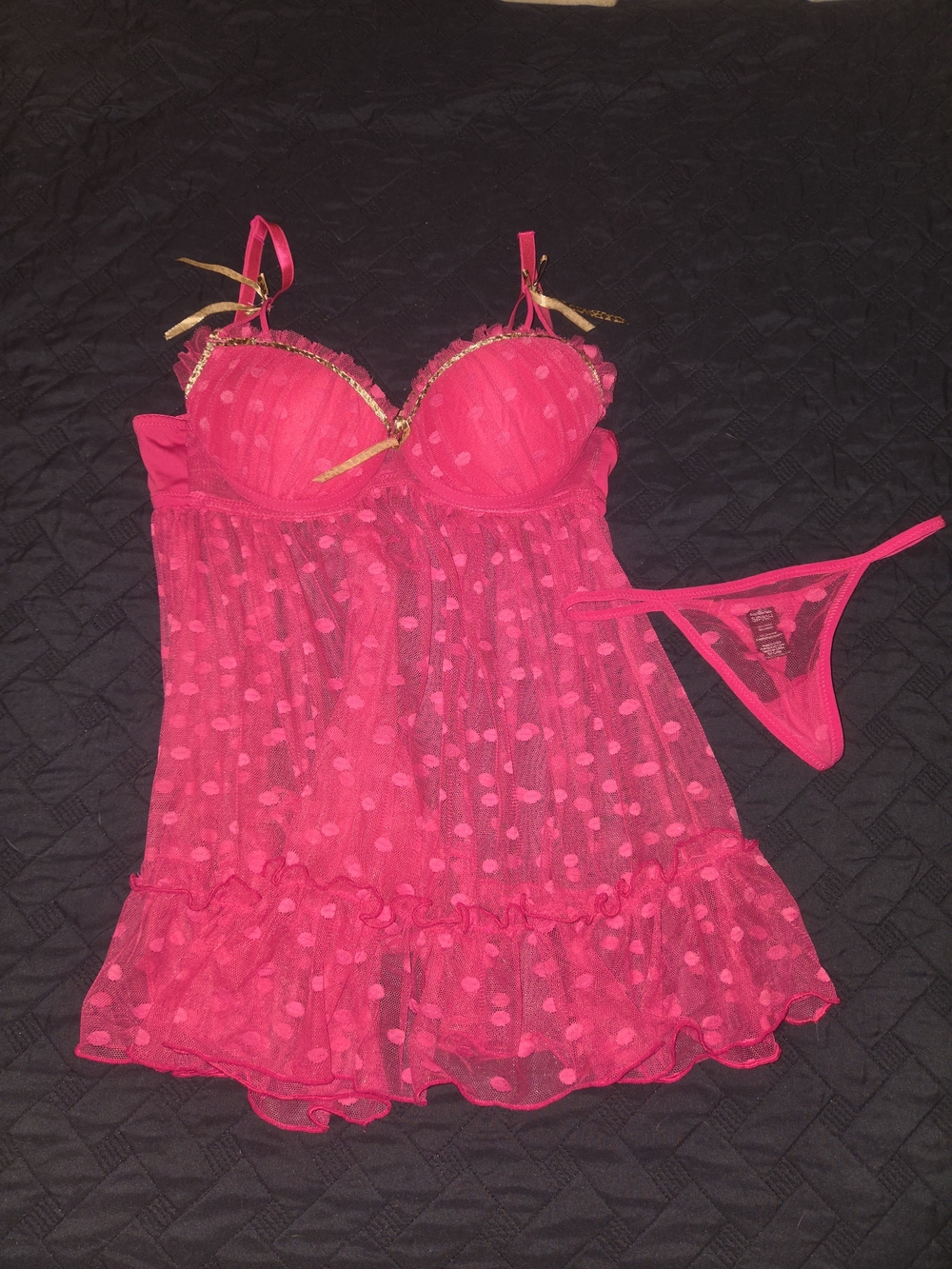 Hot Pink Polka Dot Lace Babydoll Chemise with Thong